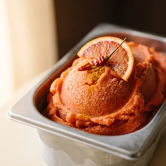 Blutorangensorbet mit einer Scheibe Blutorange und einer Chilischote