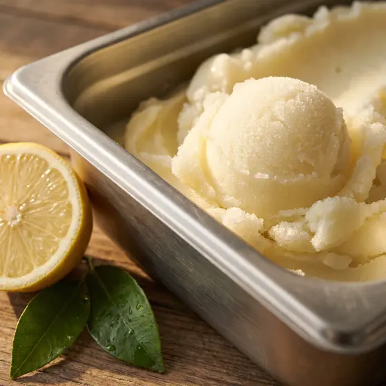 Zitronensorbet mit einer halbierten Zitrone und Blättern